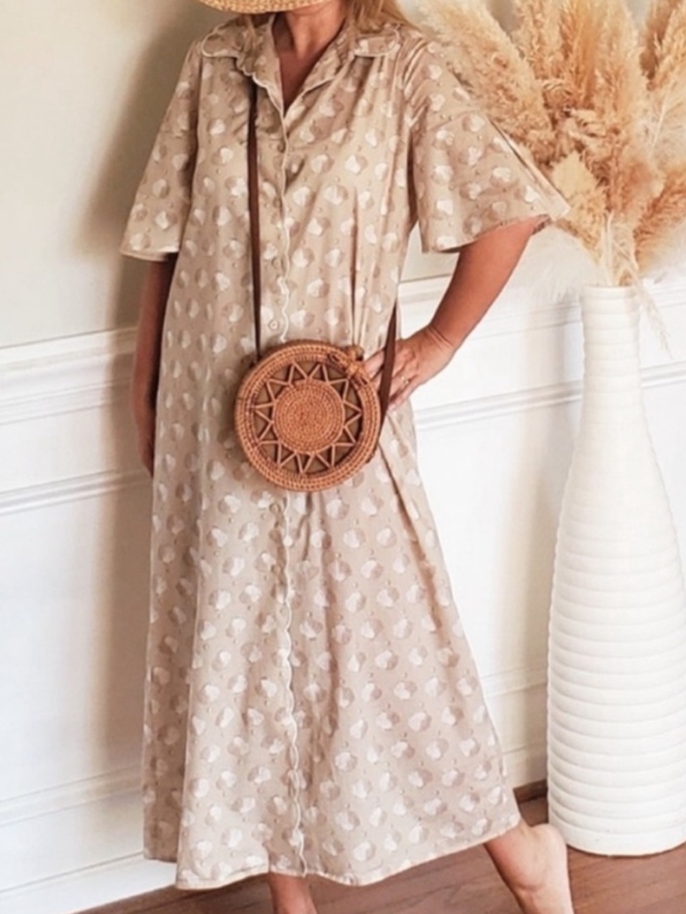 Tuckernuck Beige Shell-Print Button Front Shirt Dress